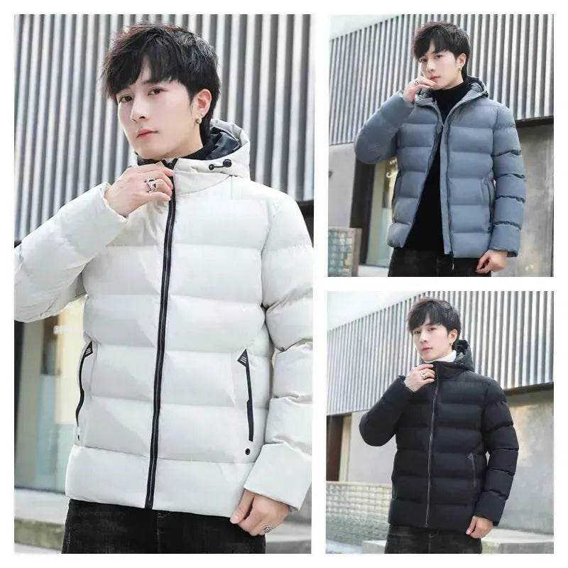 Men's Hooded Short Rain Puffer Jacket Fleece-lined Cotton Padded coat