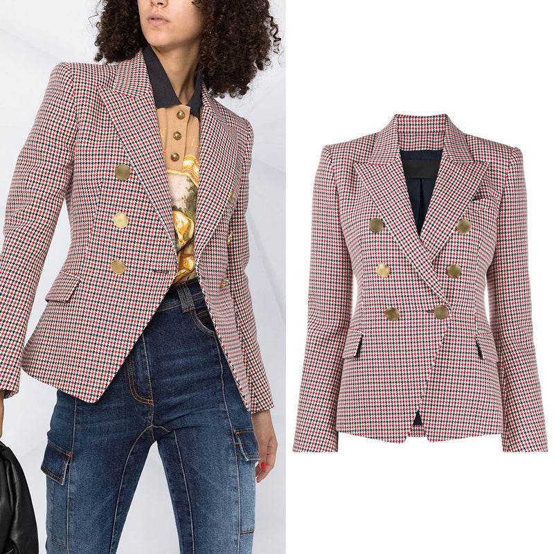 Houndstooth Small Jacket Women Long-Sleeved Double-Breasted Plaid Blazer - Velora