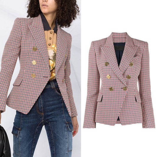 Houndstooth Small Jacket Women Long-Sleeved Double-Breasted Plaid Blazer - Velora