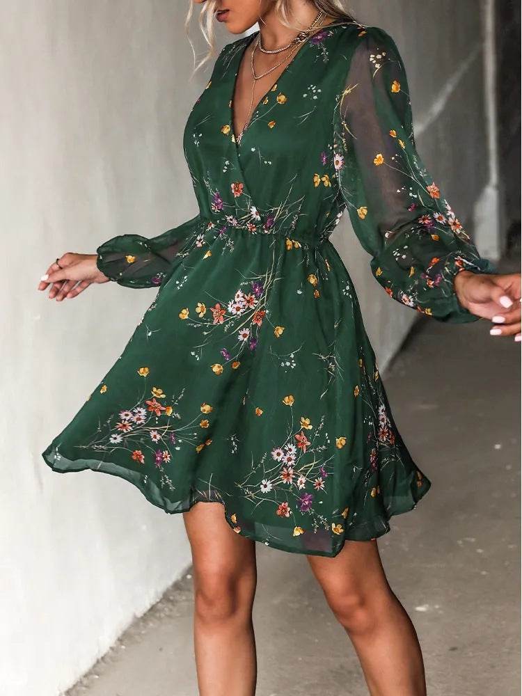 Casual V-neck Summer Spring Long Sleeve Floral mini Chiffon Dress - Velora