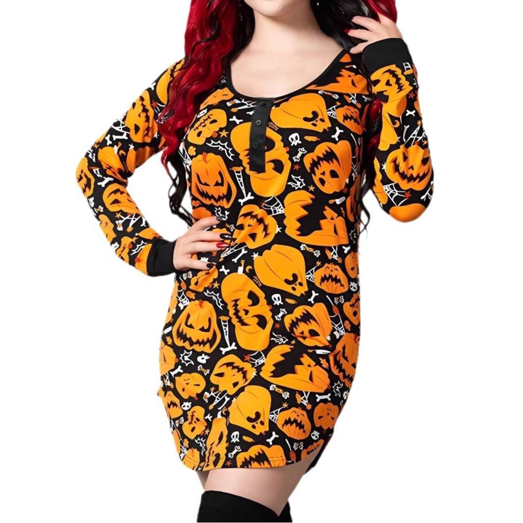 Halloween Printed Round Neck Long Sleeve Plus Size Dress - Velora