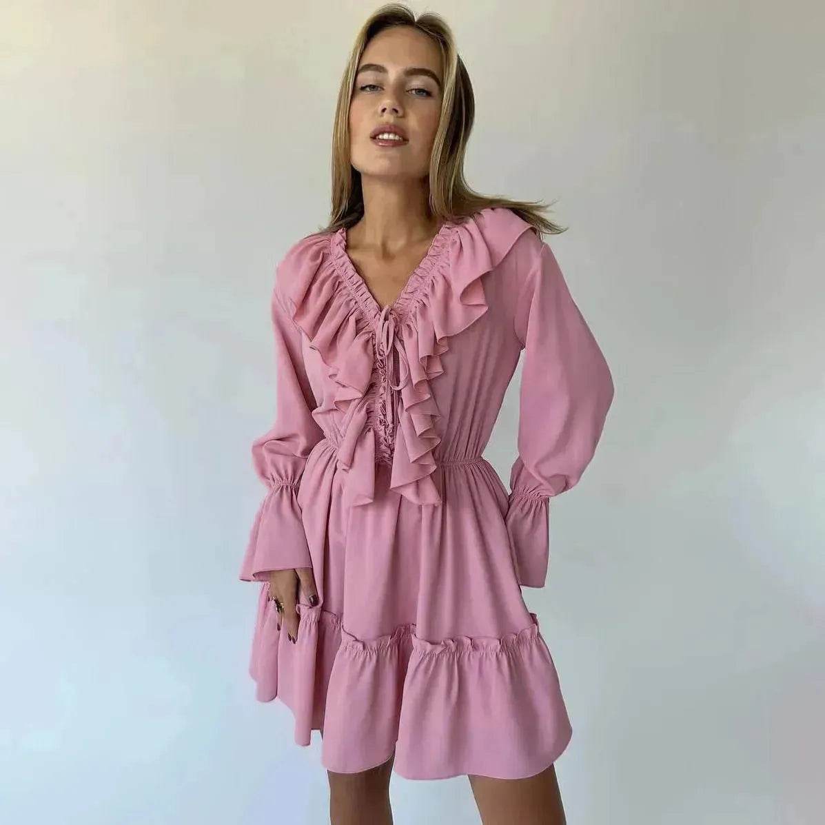 Casual Fashion V Neck Pleated Ruffle Long Sleeve Dress Y2K V Neck Flared Sleeve Short Mini Skater Dress Women's Clothing - Velora