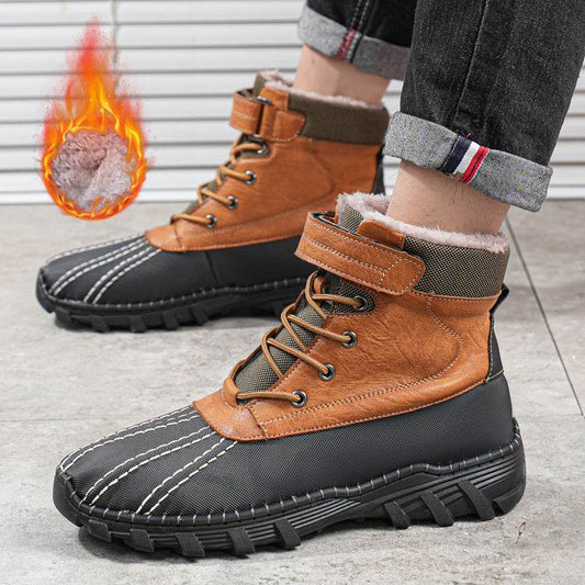 Winter Fleece Lace-up Snow Boots For Men Women Waterproof And Anti-slip Outdoor Work Boot Fashion Warm Mid-tube Cotton Shoes Men - Velora