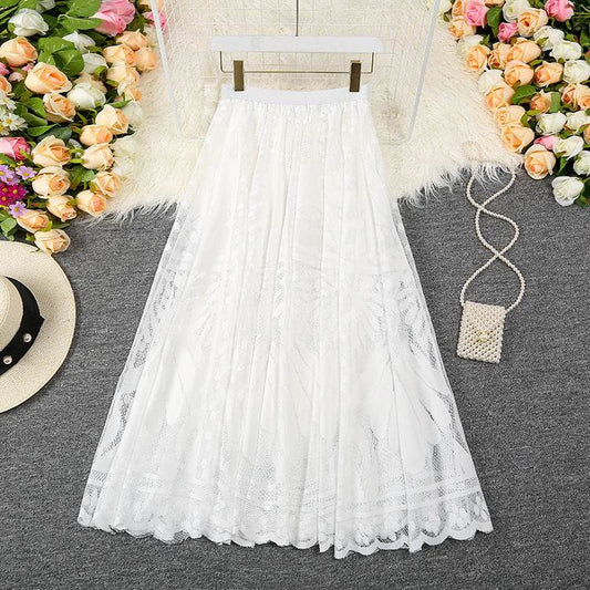 Spring Summer Women's Lace Flowy Midi Skirt - Velora