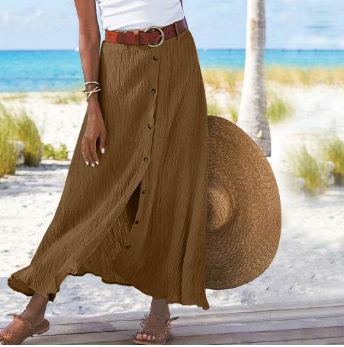 Women's summer Fashion Cotton Linen A-Line Hip Mid Waist Long maxi Skirt - Velora