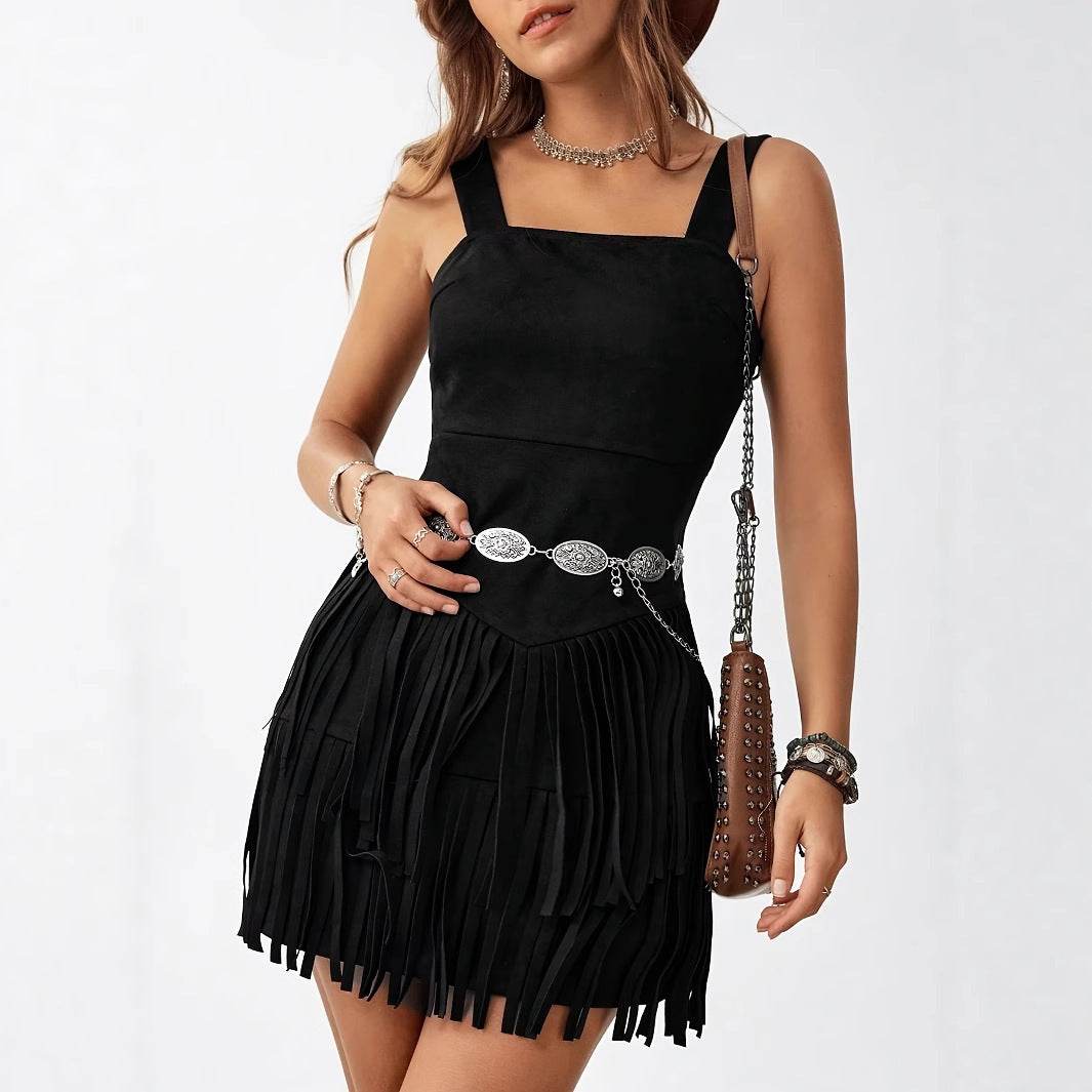 Women's Square Neck Summer Vacation Double-layer Sleeveless Mini Black Tassel Hem Dress - Velora