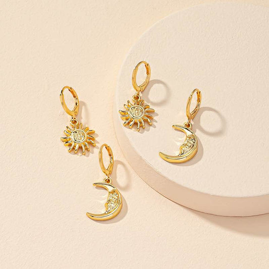 Popular Ornament Sun Moon Face Crescent Trendy Earrings - Velora