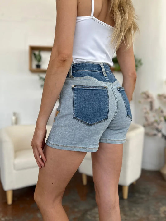 Judy Blue Full Size Color Block Denim Shorts - Velora