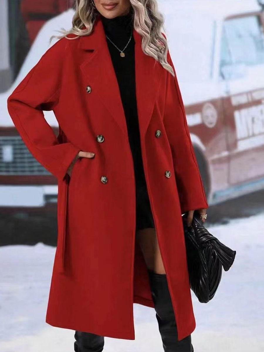 Lapel Double-breasted Trench Coat With Belt Winter Fashion Solid Color Long Jacket Outwear Women Clothing - Velora