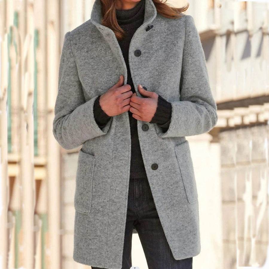 Fashion Stand Collar Woolen Coat With Pockets Fall Winter Casual Button Outwear For Women Clothing - Velora