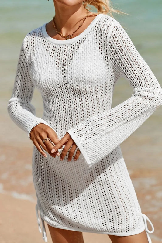 Hollow Out Bell Sleeve Drawstring Knit Cover Up Dress - Velora