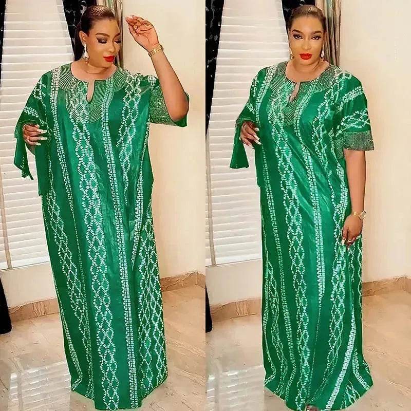 Middle East Striped Loose Robe African Dubai Arabic Satin Hot Drilling Stitching Abaya Buba Dress - Velora