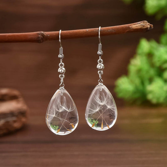 Simple Artistic Conception Epoxy Dandelion Dried Flower Pendant Earrings - Velora
