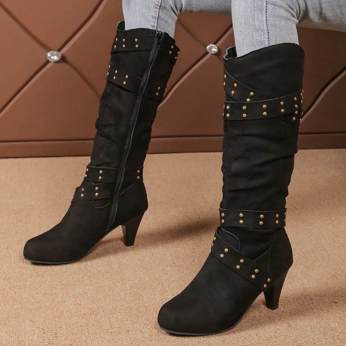 Fashion High Heel Boots With Cross-strap Rivet Design Retro V-cut Western Cowboy Boot Casual Zipper Shoes For Women - Velora