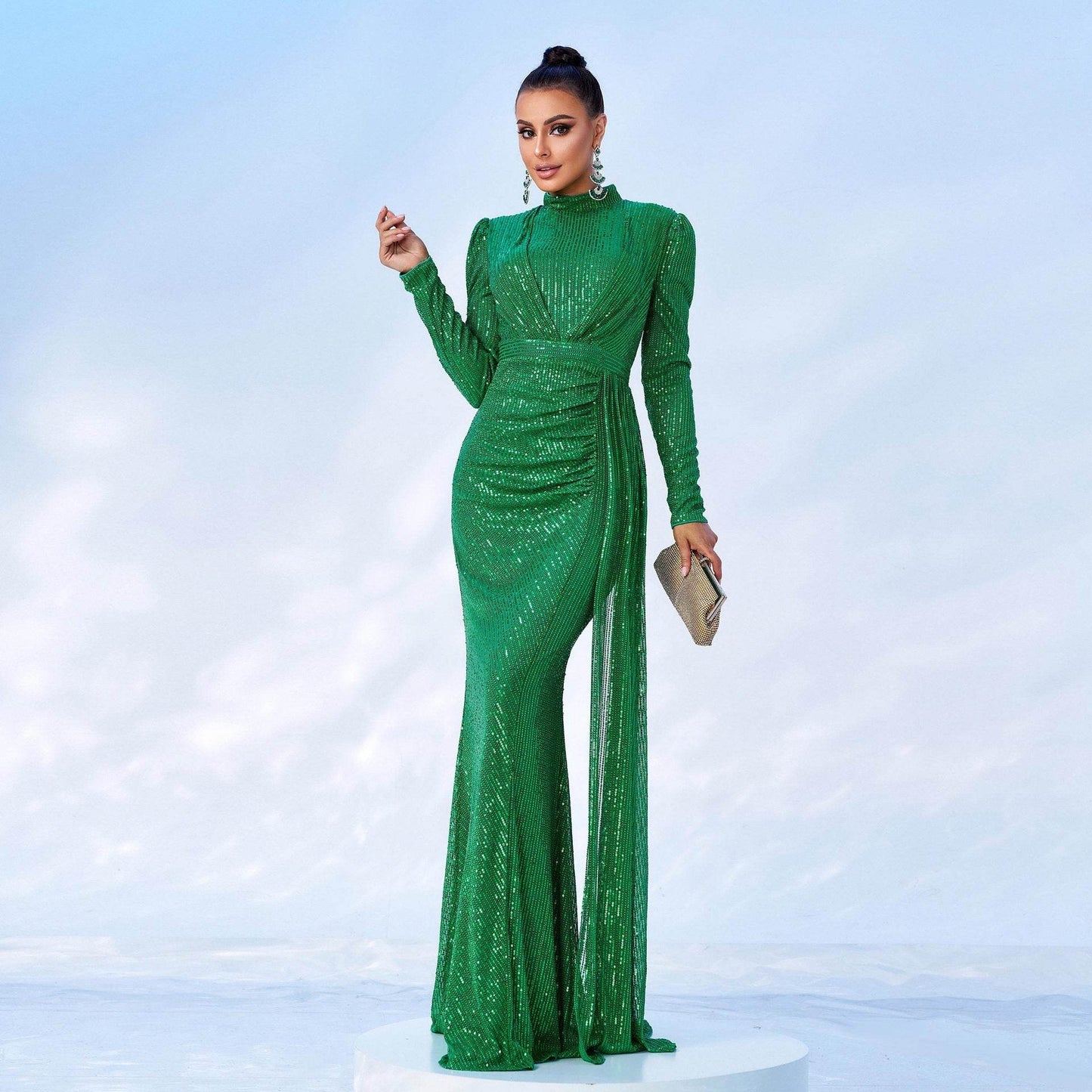Long Sleeve Round Neck Slim Long Sequined Banquet Dress - Velora