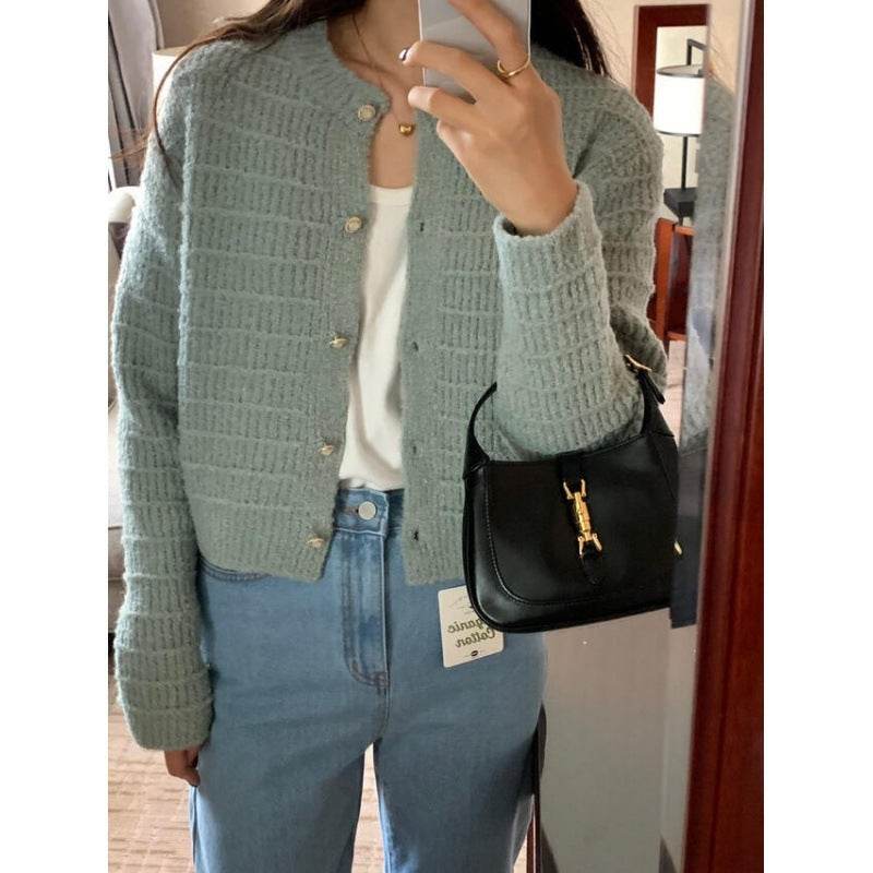 Round Neck Texture Woven Design Loose Long Sleeve Short Knitted Sweater - Velora