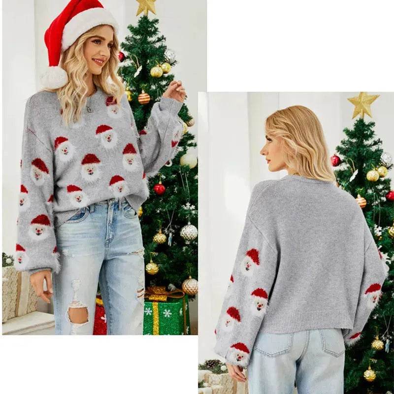 Christmas Sweater Women Cute Cartoon Santa Print Knit Sweater Winter Tops - Velora