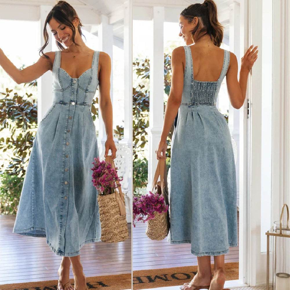 Women's sleeveless Denim Buckle Strap Midi maxi Dress - Velora