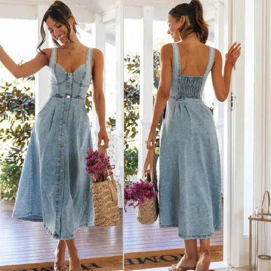 Women's sleeveless Denim Buckle Strap Midi maxi Dress - Velora