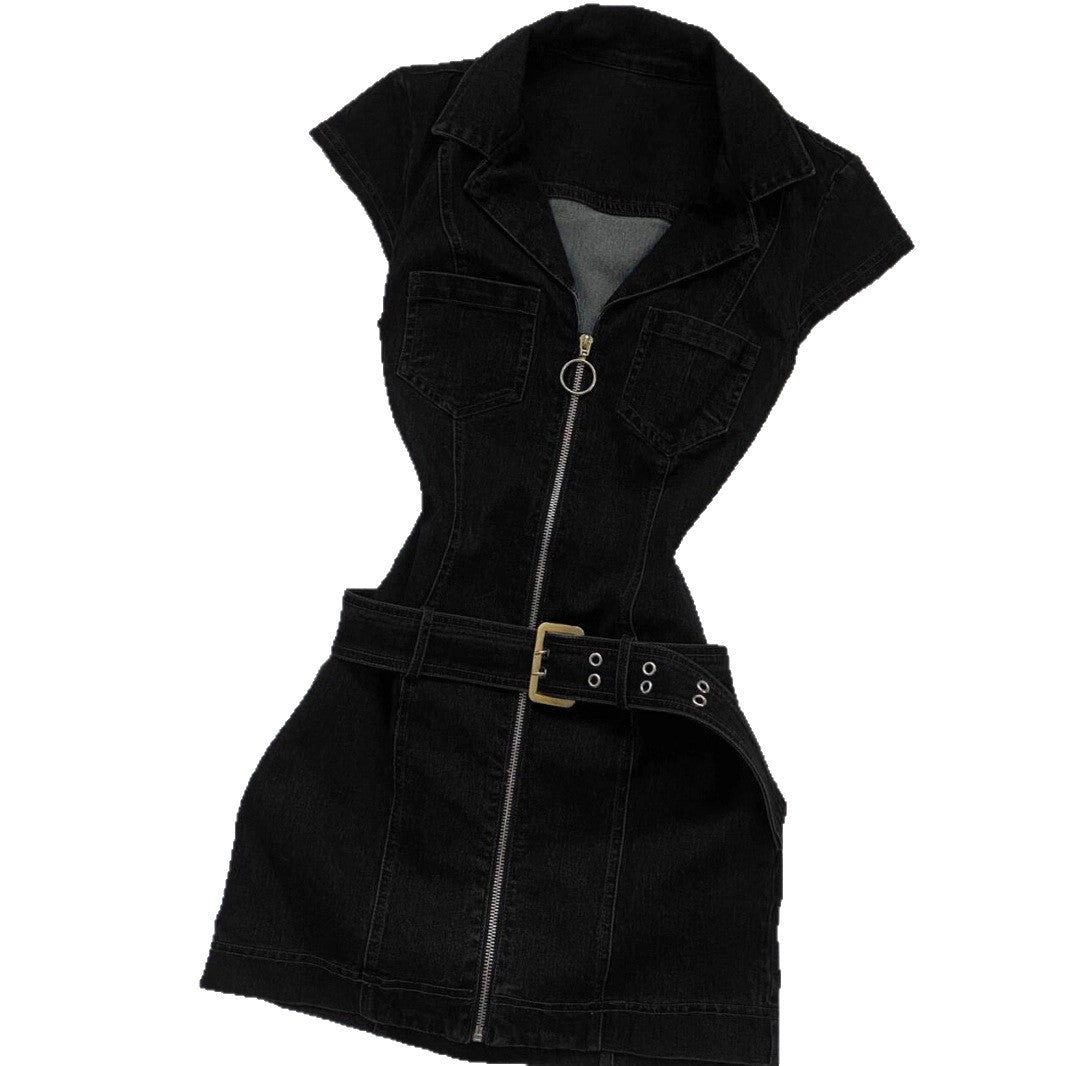 Women's Short Sleeve Bodycon Denim Mini Dress – Zip Front