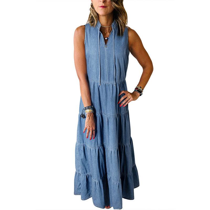 Women's Sleeveless Denim Fashion Retro High Waist Layered Dress - Velora