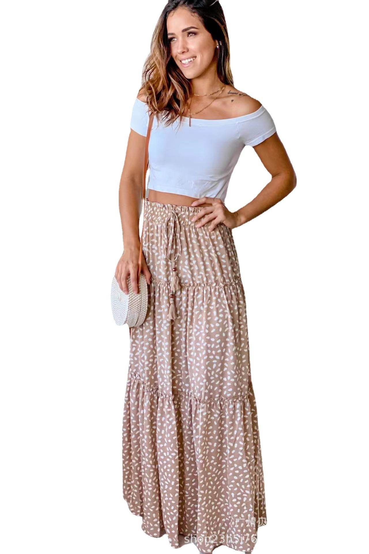Casual Spring Summer Elastic Waist Pleated Mid Waist printed Maxi Skirt - Velora