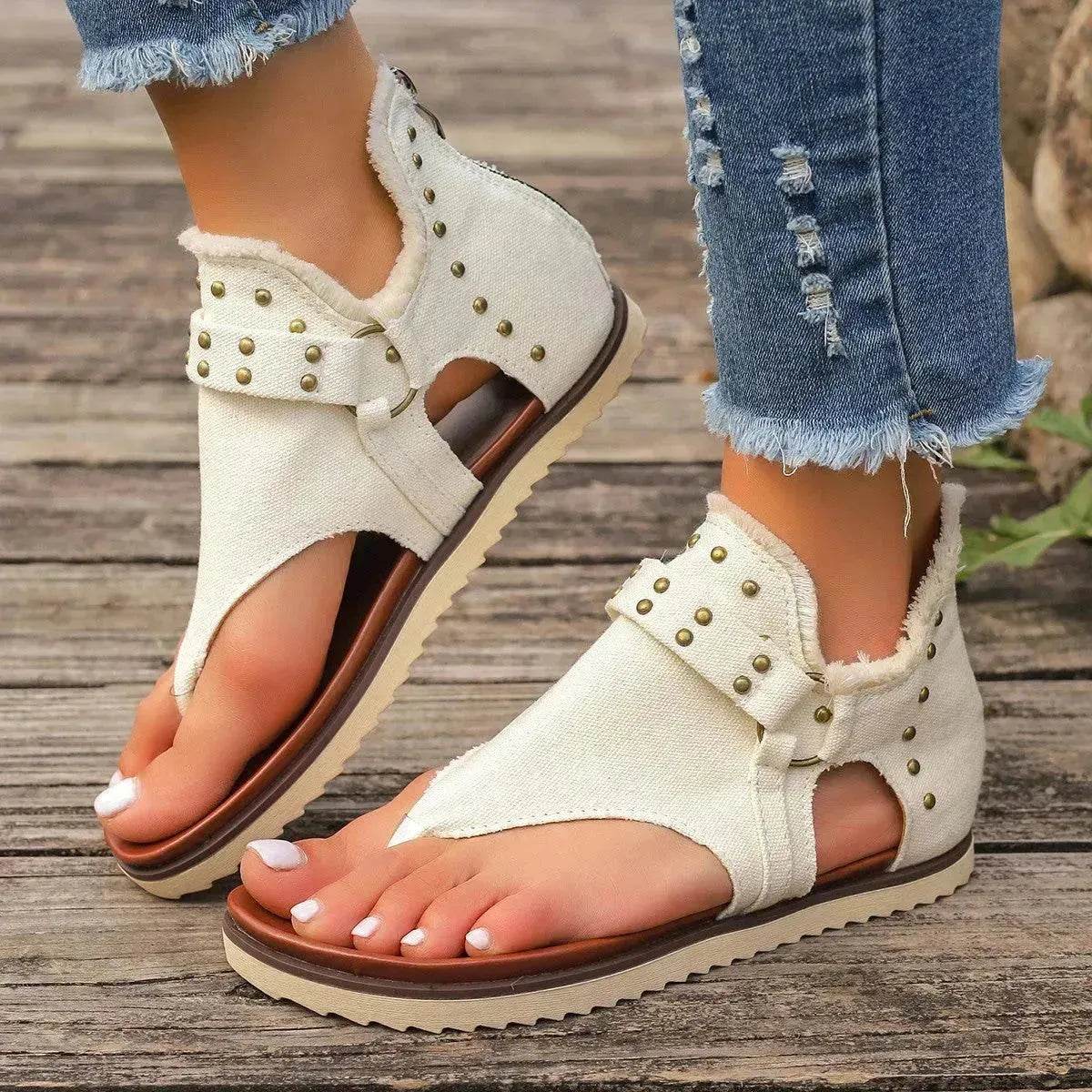 Denim Thong Sandals With Rear Zipper Summer Retro Beach Flat Sandals - Velora