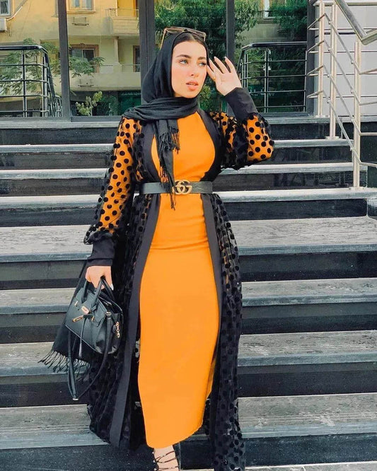 Middle East Apparel Women's Cross-border Polka Dot Perspective Cardigan Long Shawl Open Front Abaya Kimono Abaya for Dubai Turkey Women Two piece - Velora