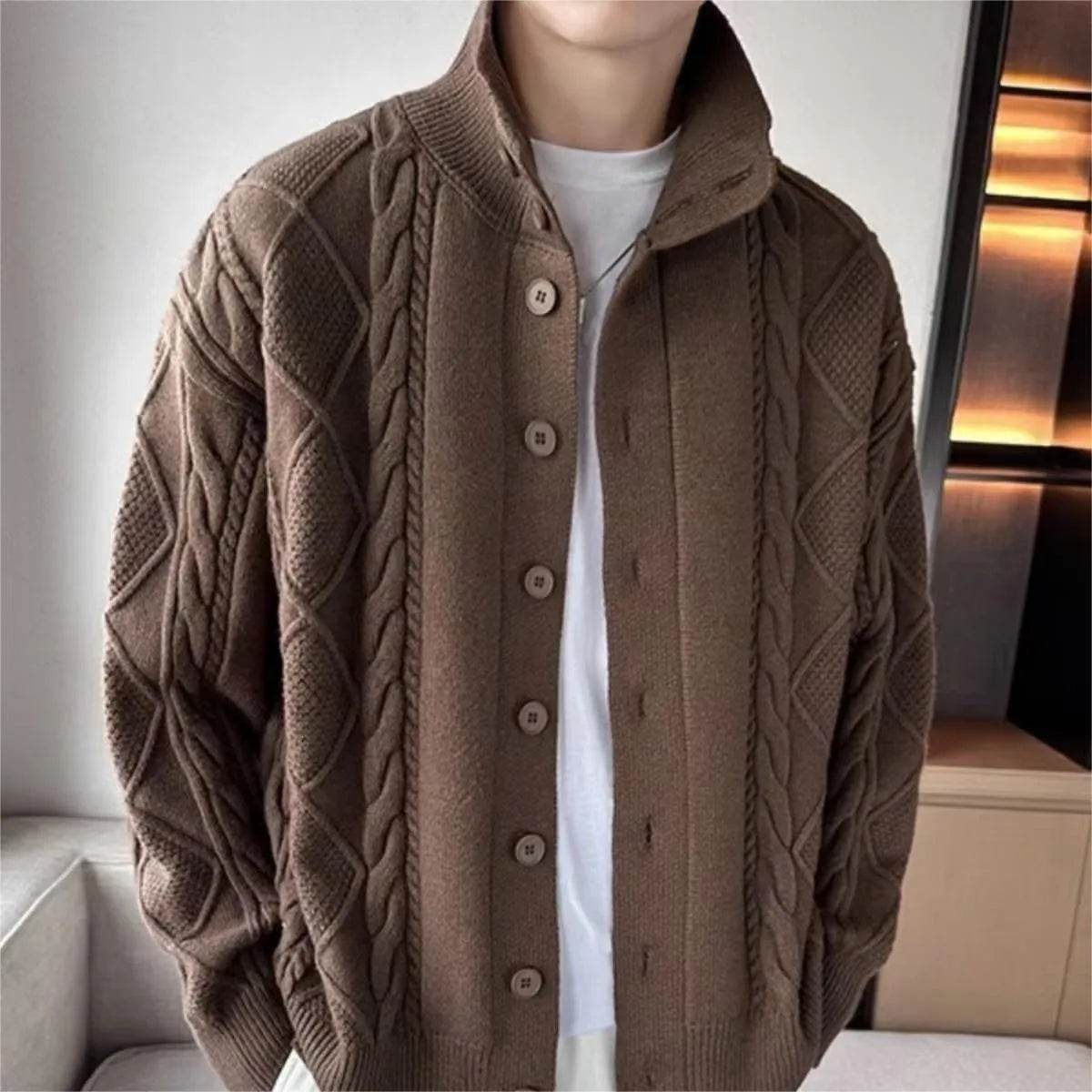 Solid Color Prismatic Plaid Sweater Coat Loose All-match Retro Lapels Long Sleeve Knitted Cardigan - Velora