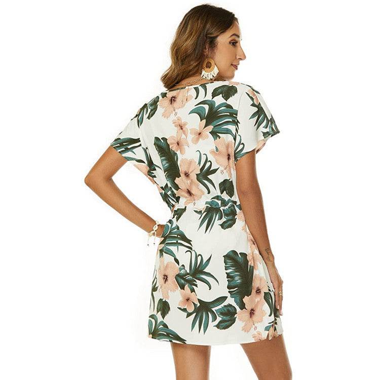 Dolman Sleeves Dress Summer Printed Drawstring V-Neck Beach Dresses For Women - Velora
