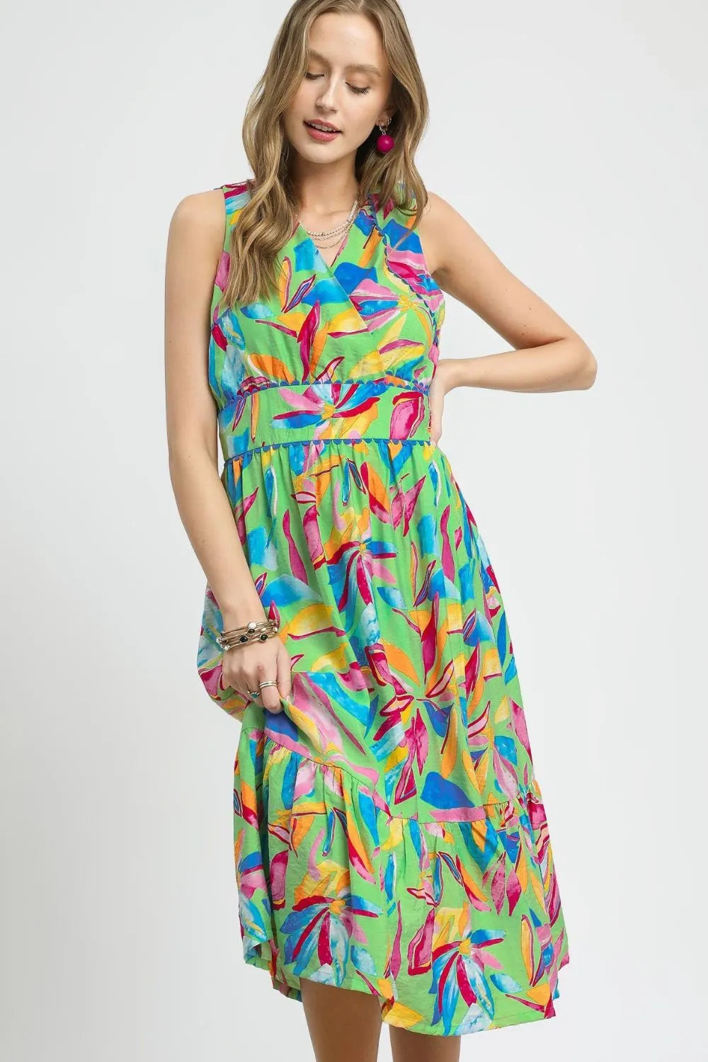 Umgee Ruffled Hem Printed Sleeveless Midi Dress - Velora