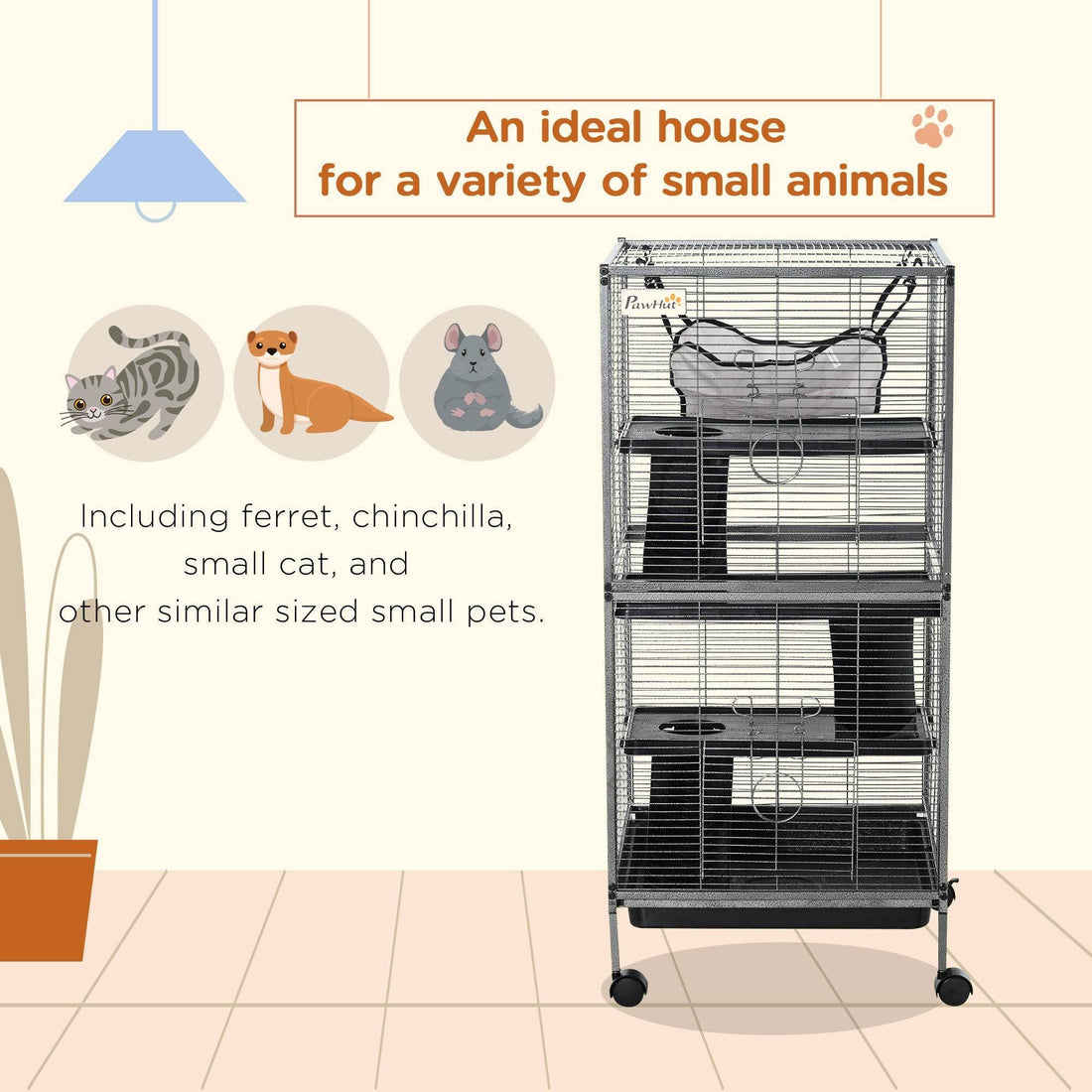 Large Metal 4 Tiers Small Animal Cage With Hammock, Removable Tray, Extra Space For Ferrets Chinchillas, Gray