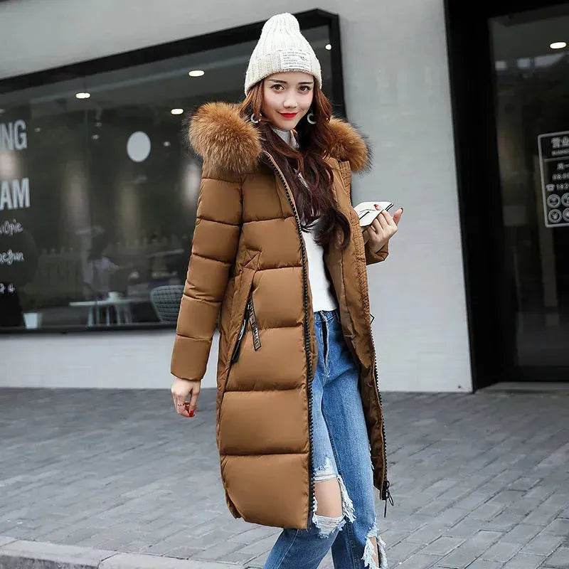 Long Zip up Faux fur Collar Hooded Winter Puffer coat women - Velora