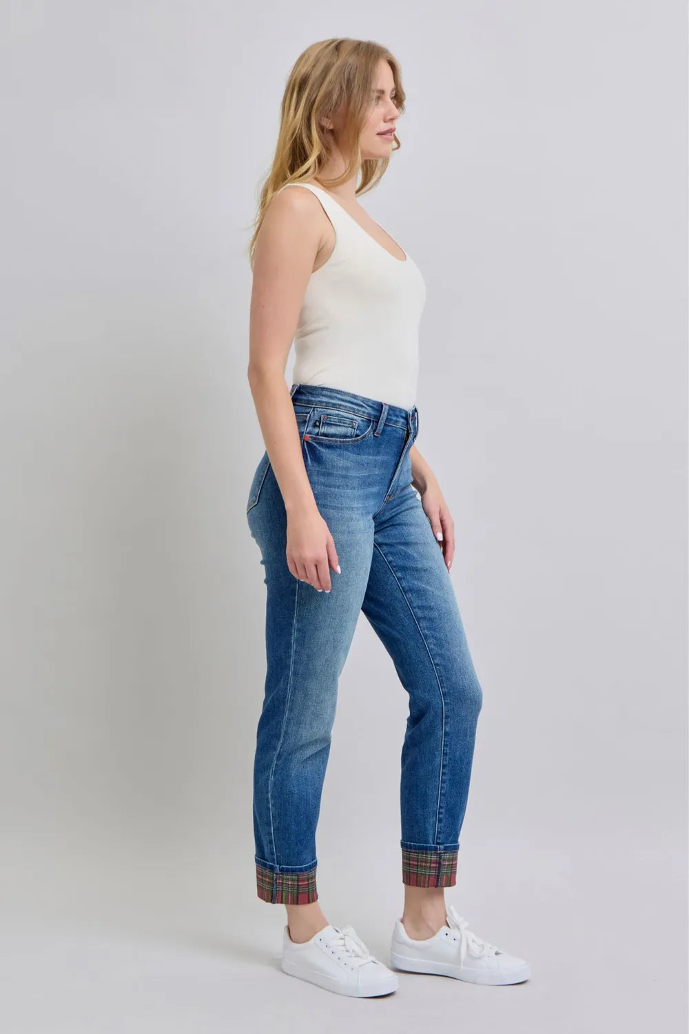 Judy Blue Full Size Plaid Print Cuff Straight Leg Jeans with Pockets - Velora