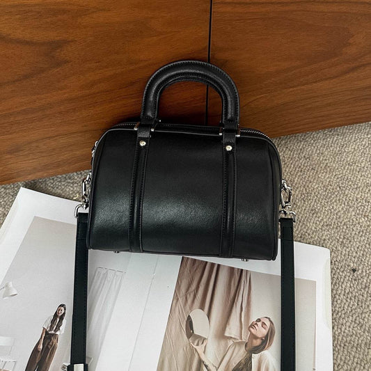 Versatile Cylindrical Genuine Leather Portable Crossbody Bag - Velora
