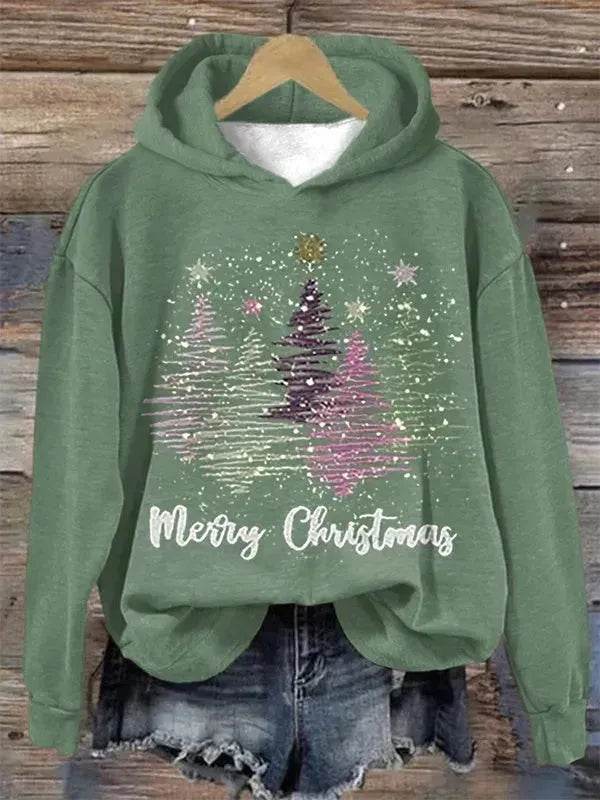 Round Neck Hooded Long Sleeve Four Christmas Trees Loose Hoodie Sweatshirt - Velora