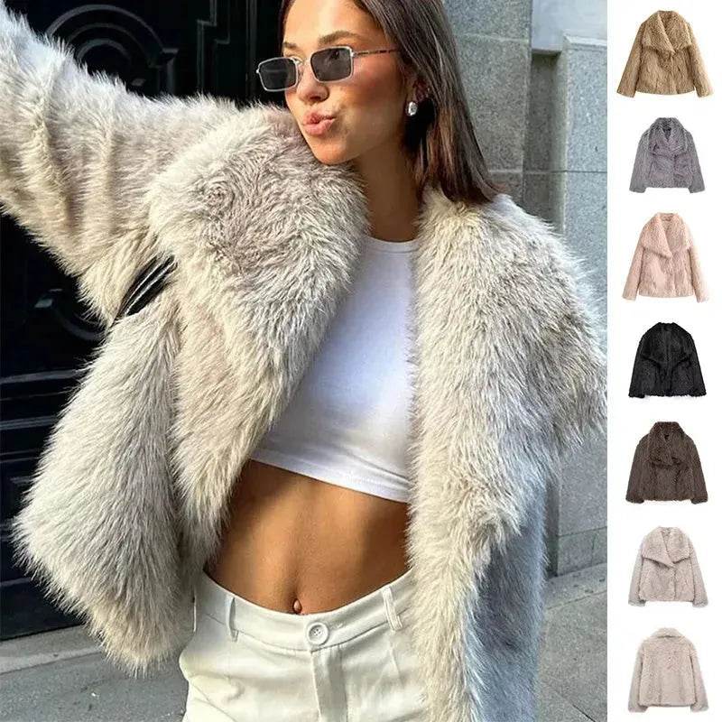 Winter Plush Open front Coat Thick lapel Outwear Faux Fur Coat women - Velora