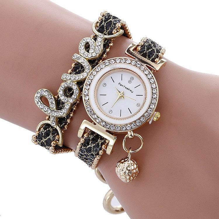 Fashion Women Rhinestone Leather Bracelet watch - Velora