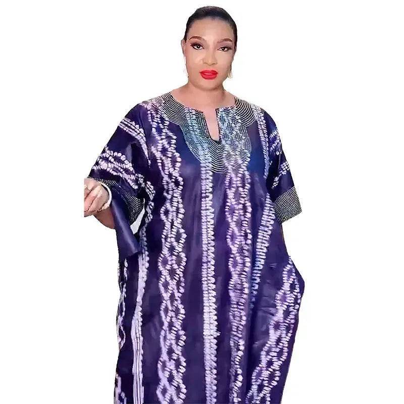 Middle East Striped Loose Robe African Dubai Arabic Satin Hot Drilling Stitching Abaya Buba Dress - Velora
