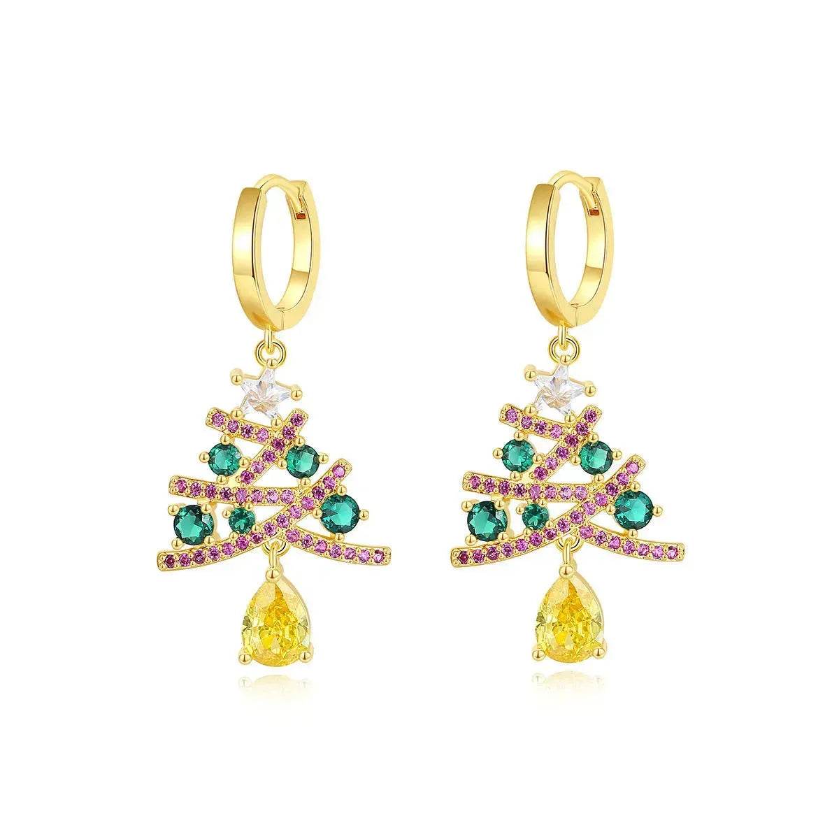 New Christmas Tree Earrings With Colorful Rhinestones Fashion Personality Shining Earrings Gift For Women Jewelry - Velora