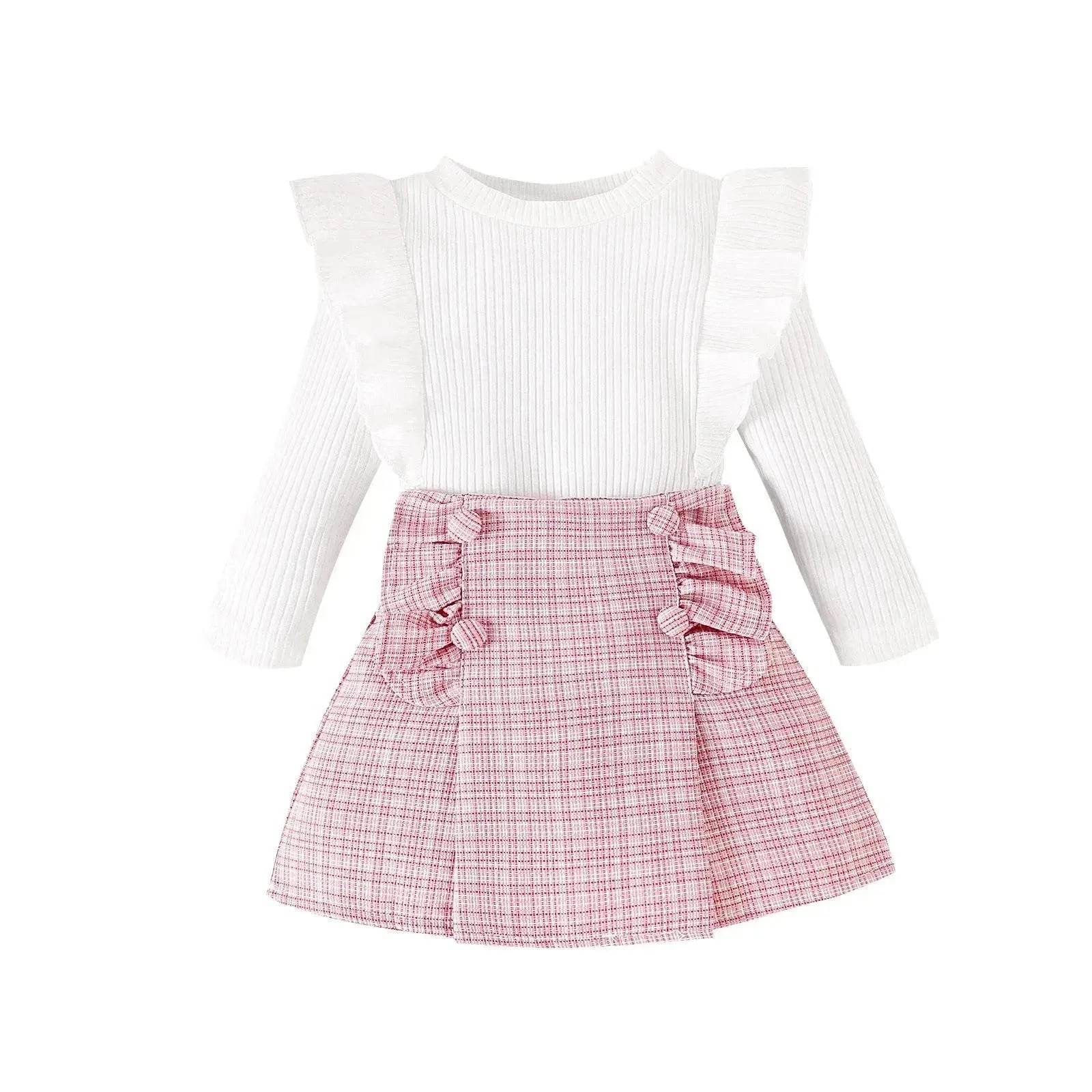 Newborn baby girl Cross-border Sunken Stripe Long Sleeve Classic Style Plaid Short Skirt Two-piece Set for baby girl - Velora