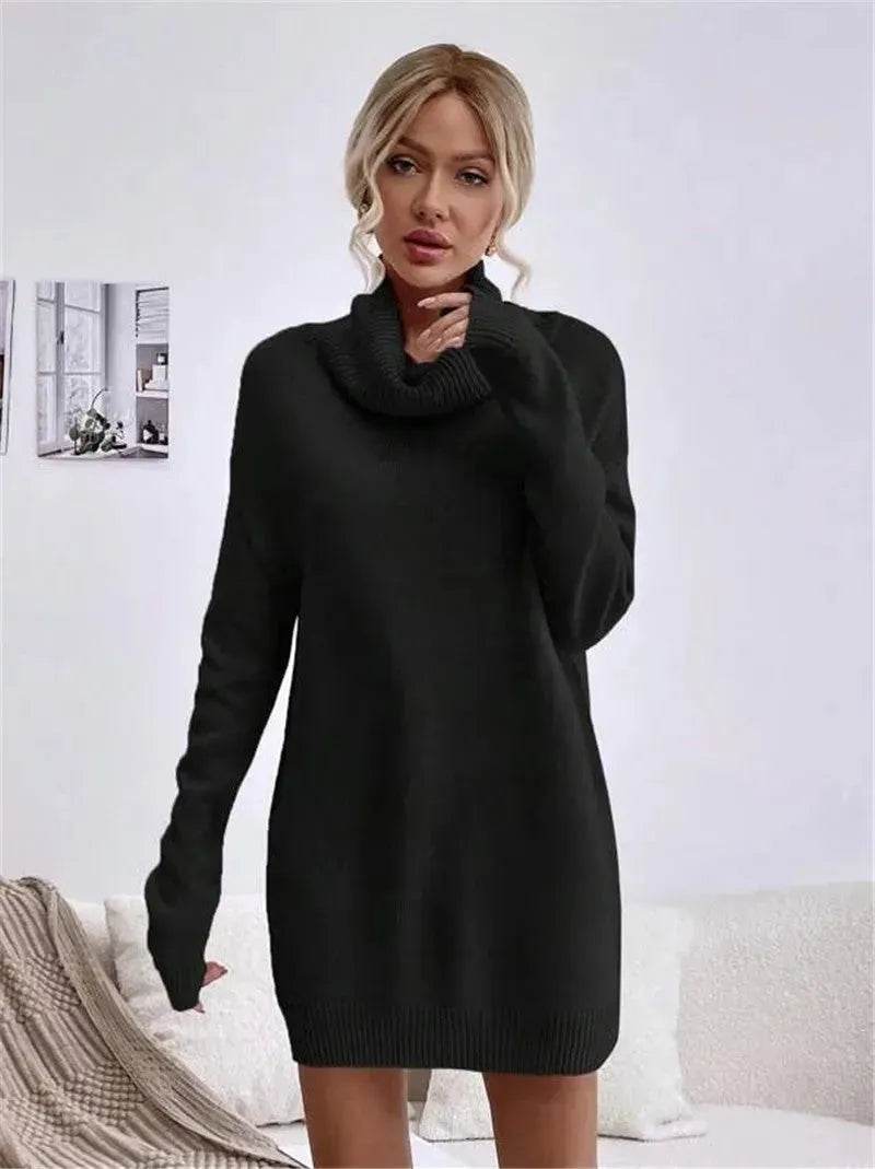 Autumn Winter Solid Cashmere Loose Mini Turtleneck sweater Dress - Velora