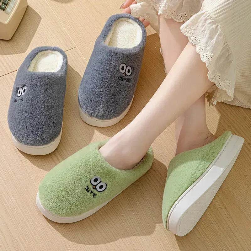 Cute Cartoon Big-eyes Slippers For Couples Winter Warm Non-slip Floor Bedroom Slipper Home Men And Women House Shoes - Velora