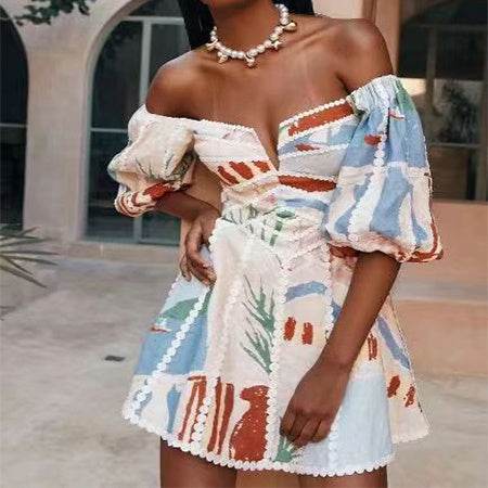 Women's Flower Print Lace Sling Dress Fashion V-neck Waist-baring Skirt Summer Clotjing - Velora