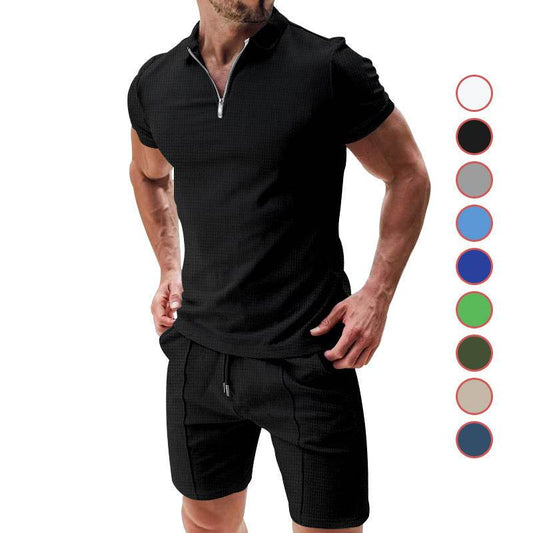 2Pcs Casual Waffle Suit Summer Zipper Lapel Short-sleeved Top And Drawstring Pockets Shorts Versatile Solid Color T-shirt Set For Mens Clothing - Velora