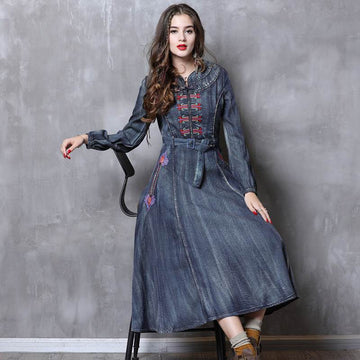 Elegant Classy Long Sleeve Denim dress with belt Flared Embroidered Jeans Dress