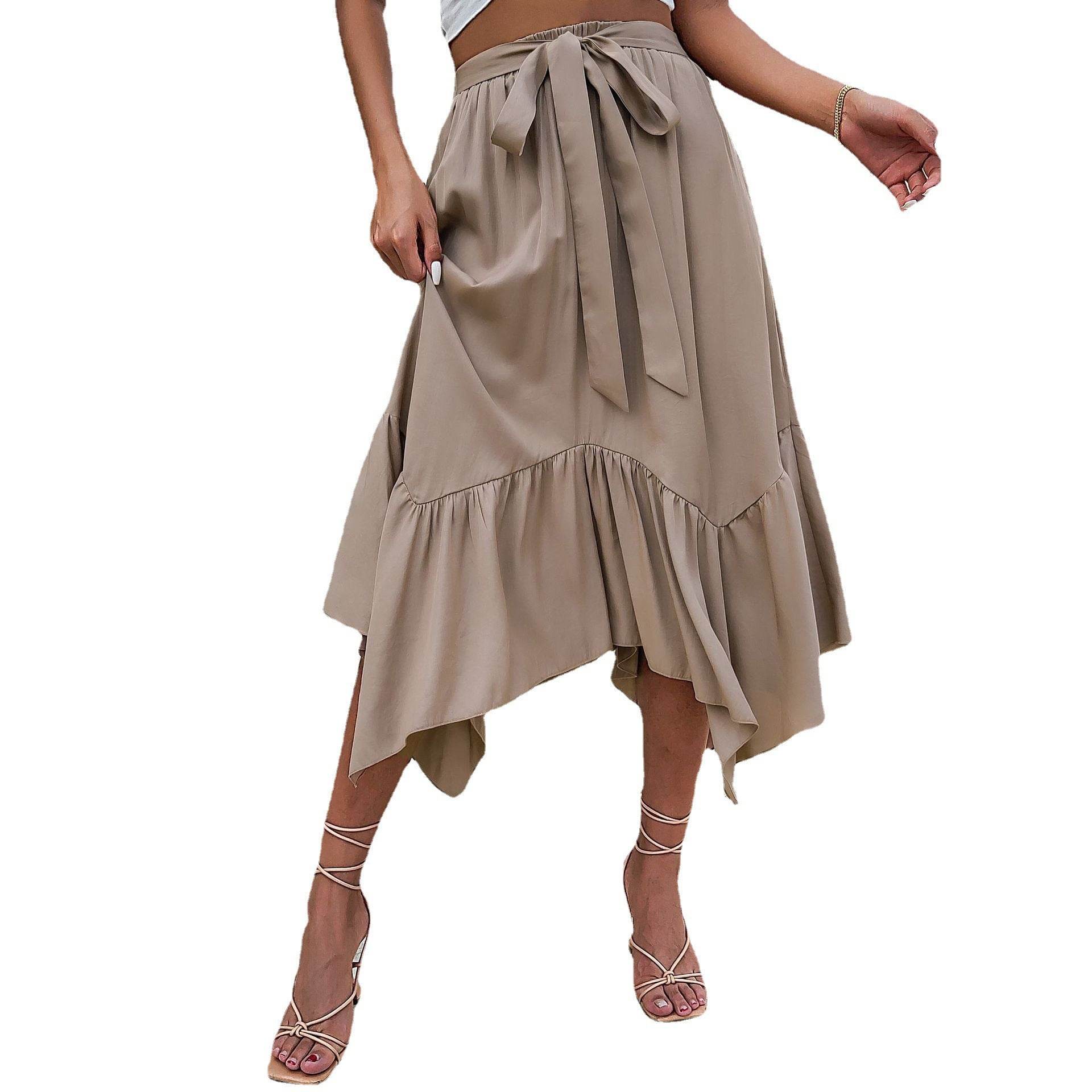Women's Mid-length Lace-up Irregular Stitching Ruffle Midi Skirt - Velora