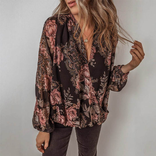 V-neck Long Sleeve Top Floral Print Women's Chiffon blouse Women - Velora