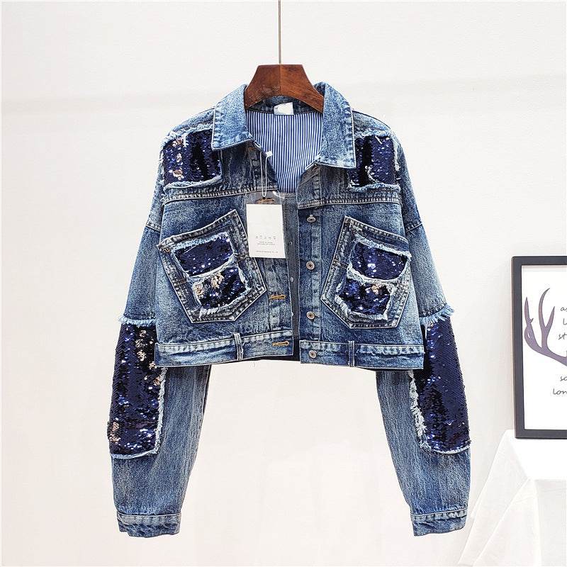 Heavy Industry Sequins Short Doll Sleeve Denim Jacket Women - Velora