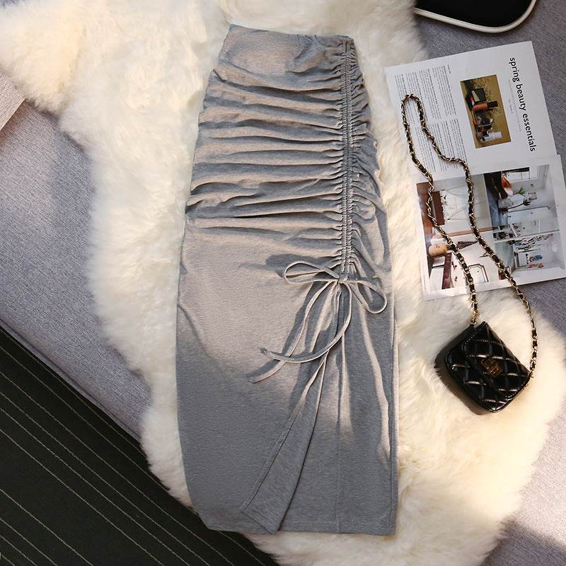 Women's drawstring Side Slit Pleated Hip Midi Skirt - Velora